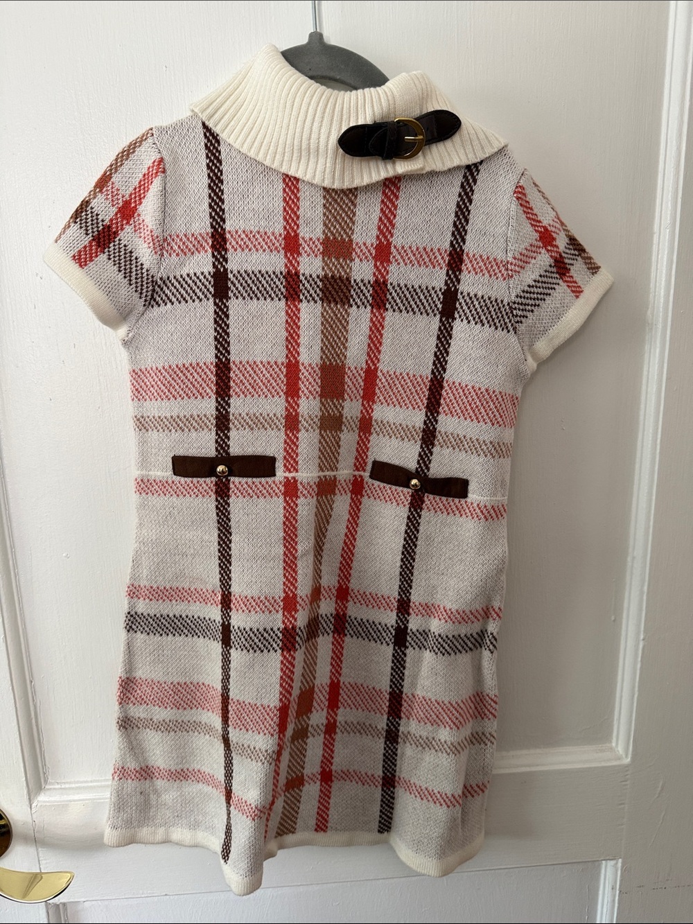 Janie and Jack Cream Plaid Knit Dress with Brown & Red Trim